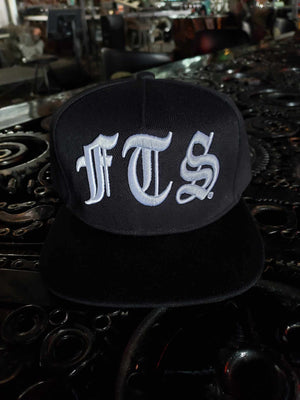 FTS Black flatbill snapback hat with white embroidery