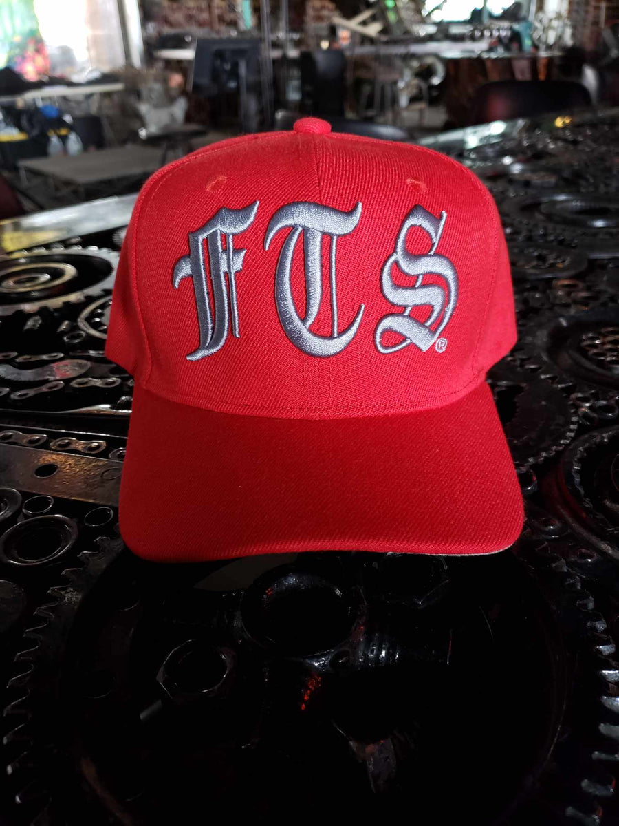 FTS Red flatbill snapback hat with silver gray embroidery
