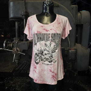 FTS Ladies Libertywear FT7521 - Women's "Pink Crystal Wash" pink tie-dye style short sleeved top with black lace back