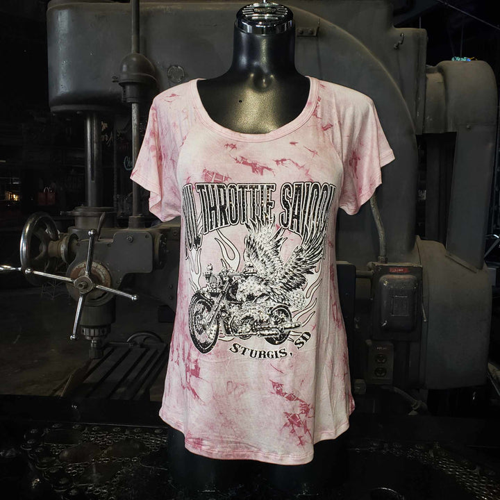 FTS Ladies Libertywear FT7521 - Women's "Pink Crystal Wash" pink tie-dye style short sleeved top with black lace back
