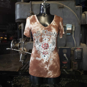 FTS Ladies Libertywear FT7004 - Women's "Freedom Cross" chocolate brown and white tie-dye style short sleeved top