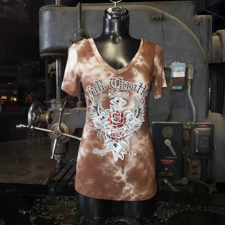 FTS Ladies Libertywear FT7004 - Women's "Freedom Cross" chocolate brown and white tie-dye style short sleeved top
