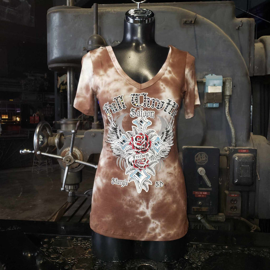 FTS Ladies Libertywear FT7004 - Women's "Freedom Cross" chocolate brown and white tie-dye style short sleeved top
