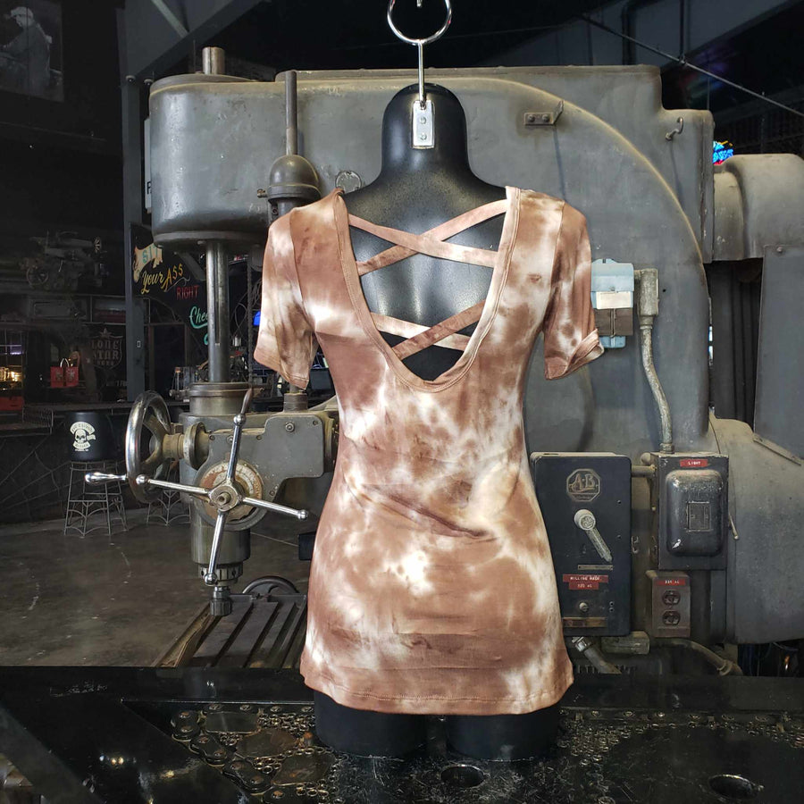 FTS Ladies Libertywear FT7004 - Women's "Freedom Cross" chocolate brown and white tie-dye style short sleeved top